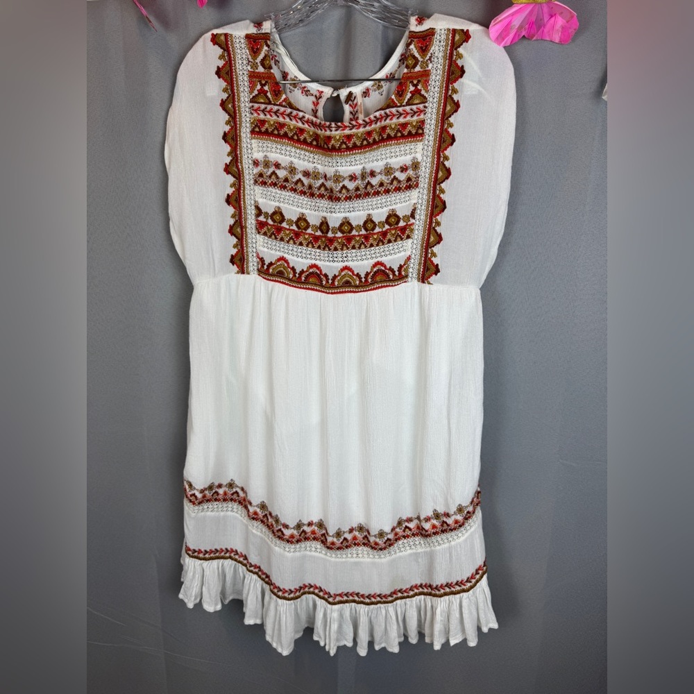 Free People Sunrise Wanderer Ivory Orange Embroidered Mini Dress - Size Small - Picture 4 of 16